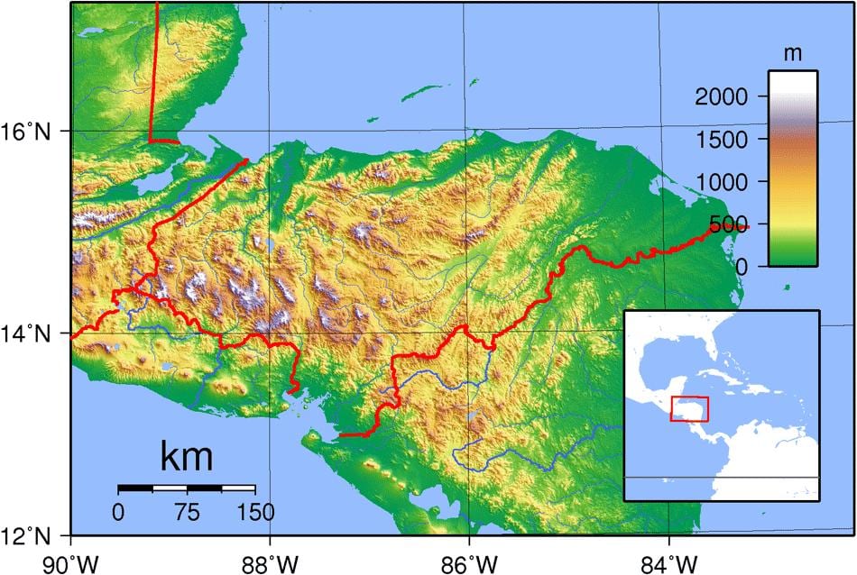 peta topografi Honduras
